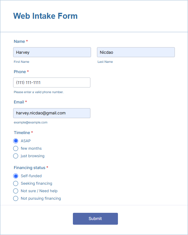 Jotform intake form for new leads