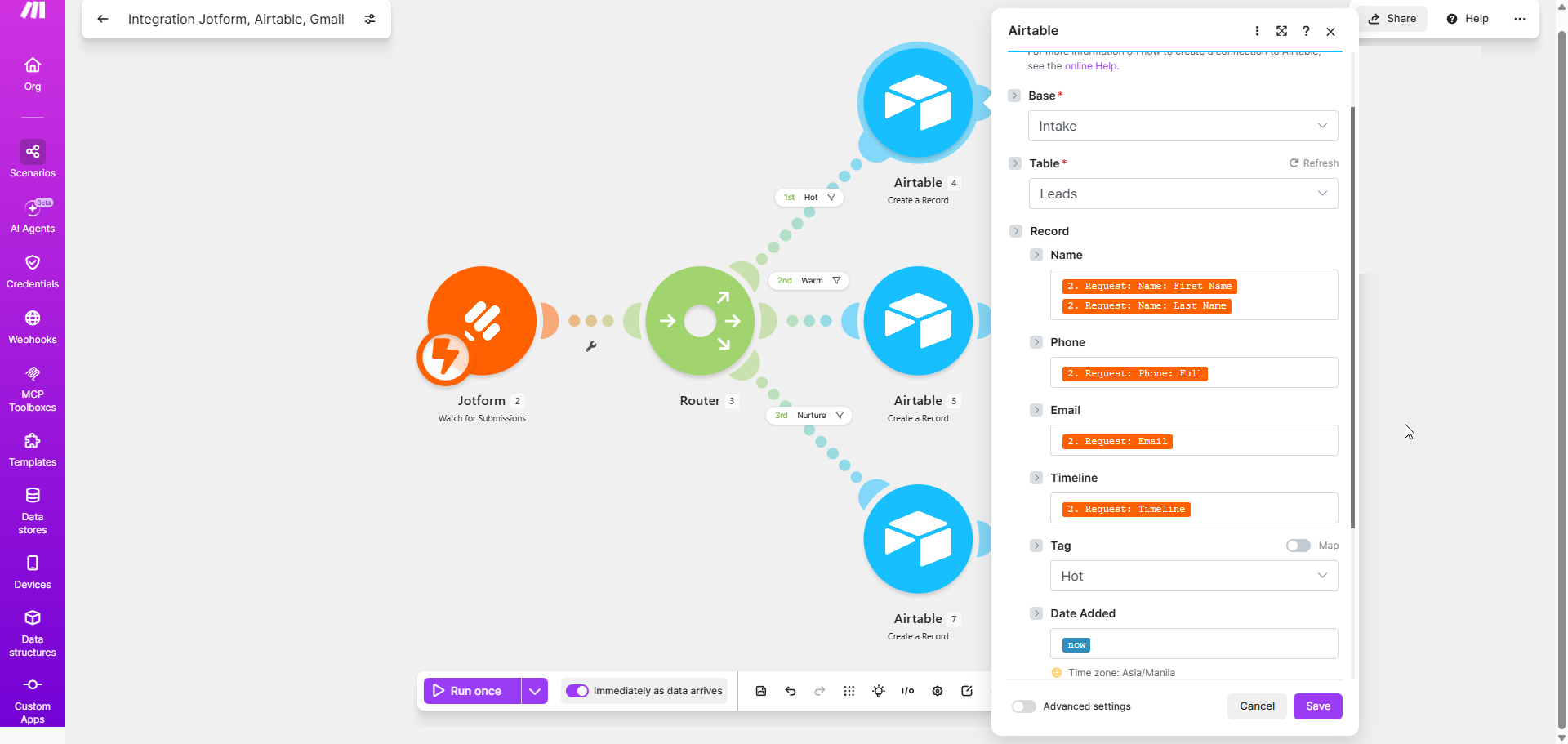 Create Record module in Make.com