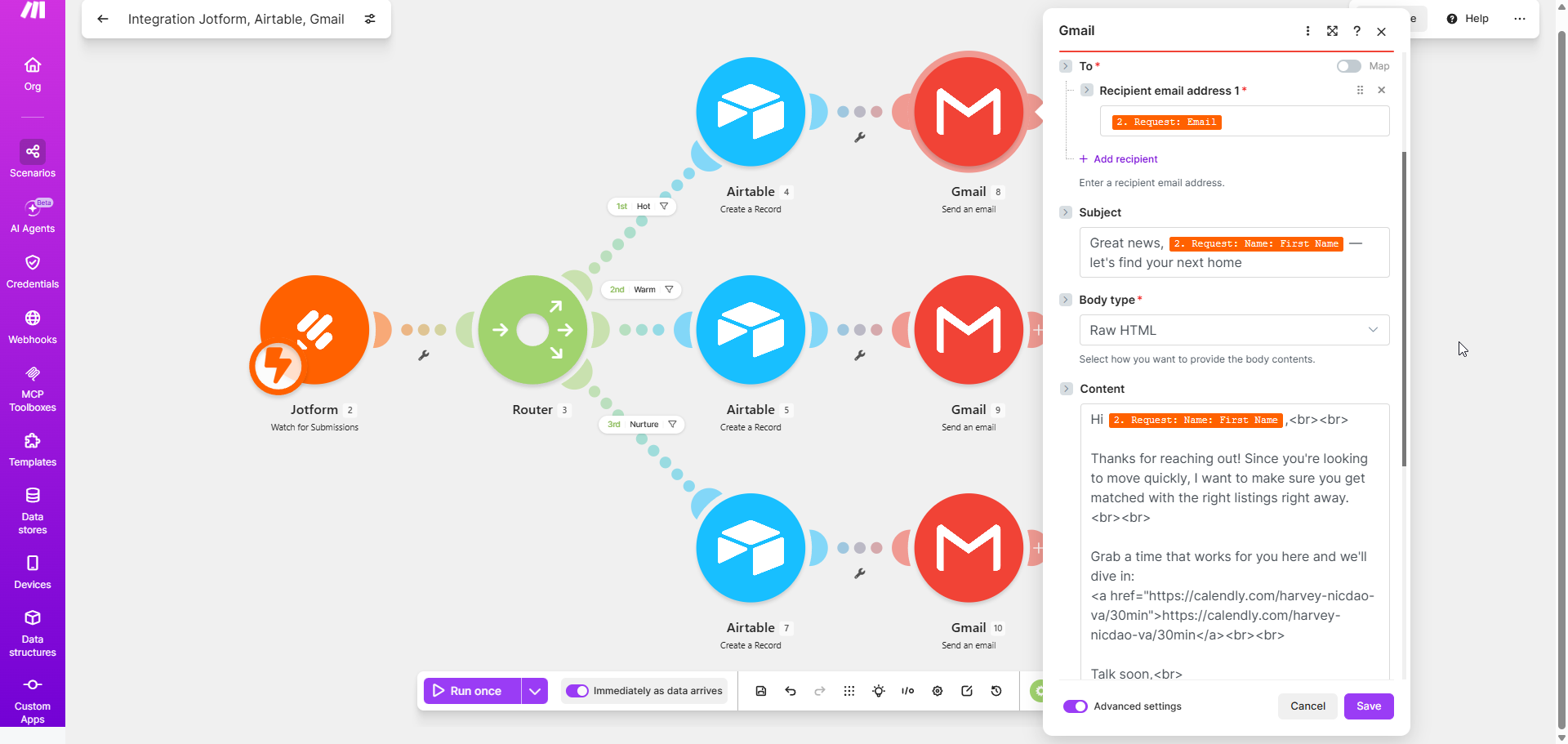 Send Email module in Make.com