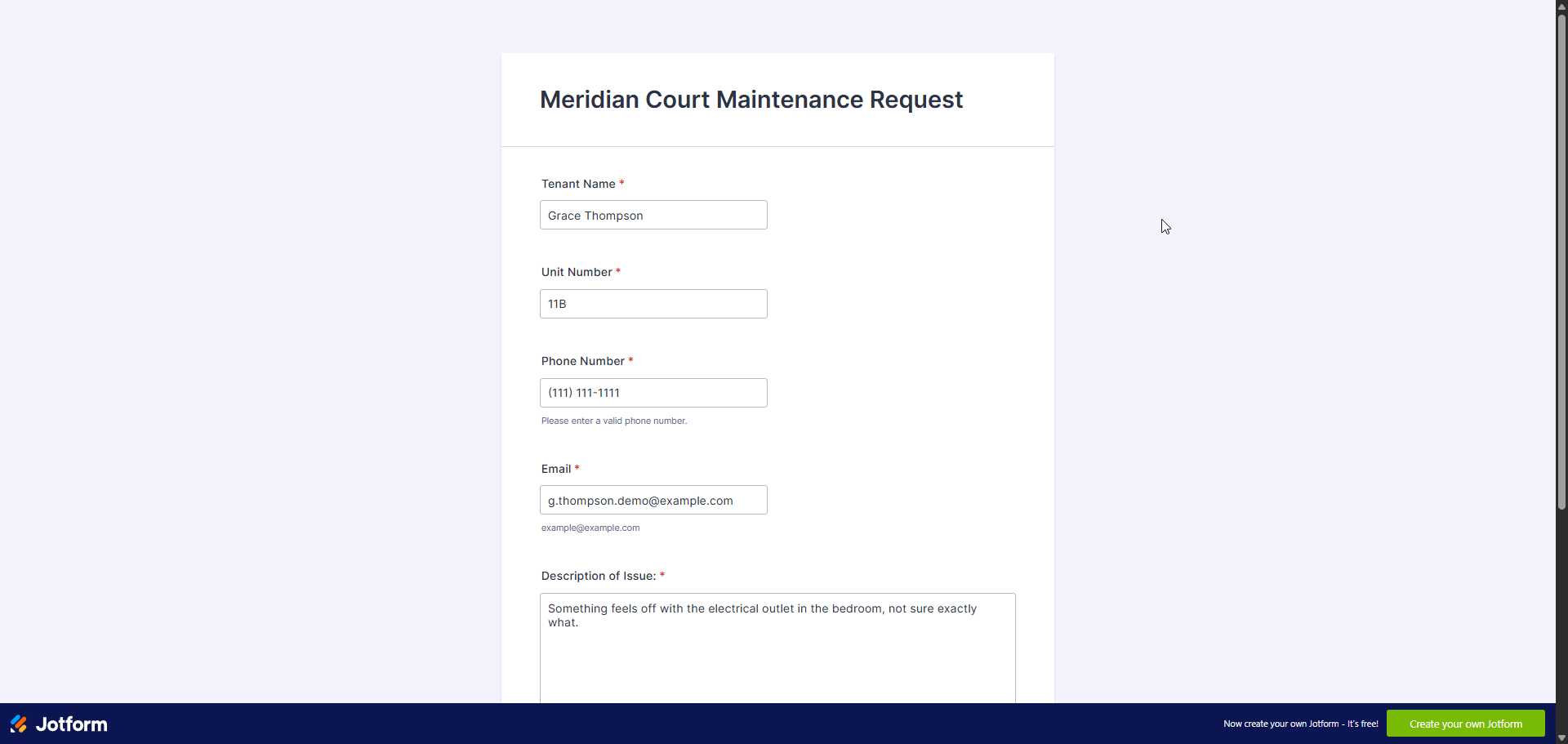 Jotform intake form for tenant maintenance requests