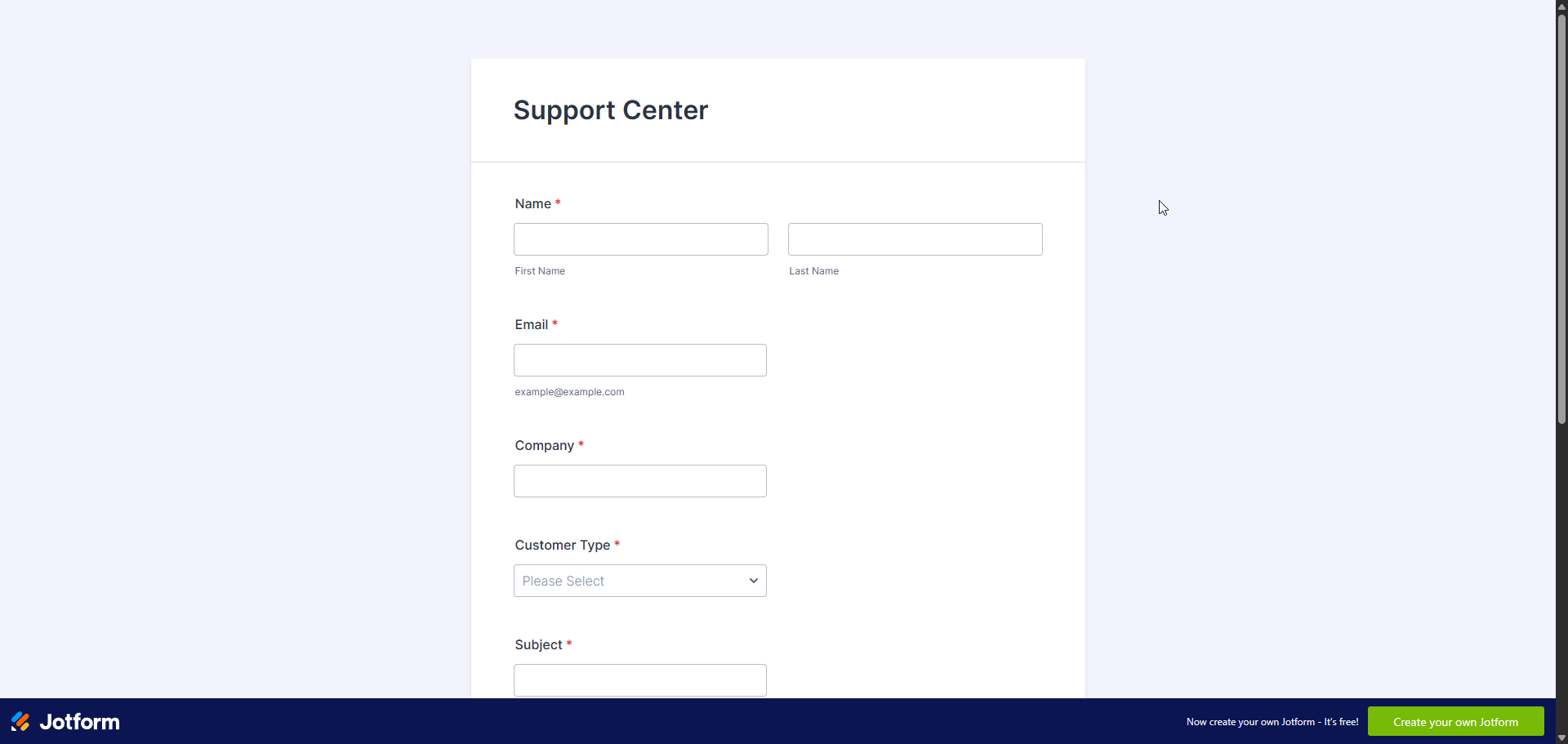 Jotform intake form for customer support tickets