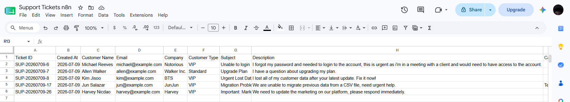 Support Tickets log in Google Sheets