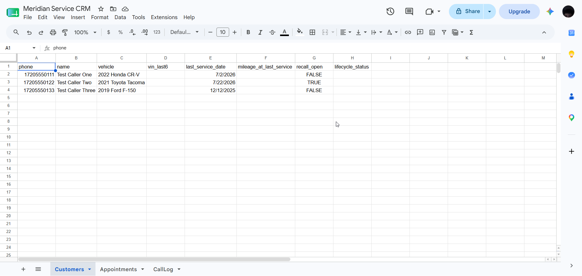 The Meridian Service CRM in Google Sheets with Customers, Appointments, and CallLog tabs