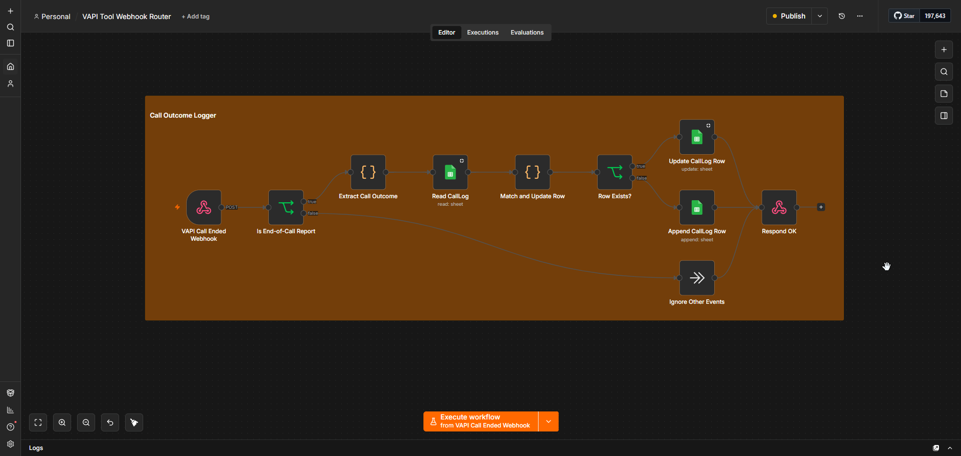 The n8n Call Outcome Logger workflow writing call outcomes back to the sheet