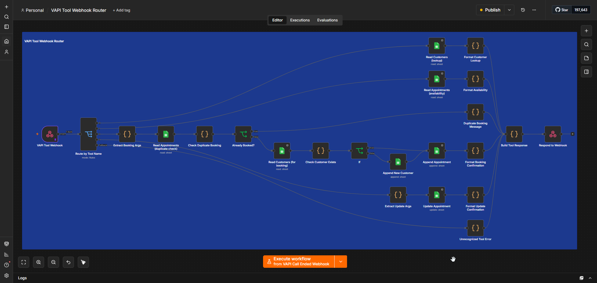 The n8n Tool Webhook Router workflow routing VAPI tool calls by name