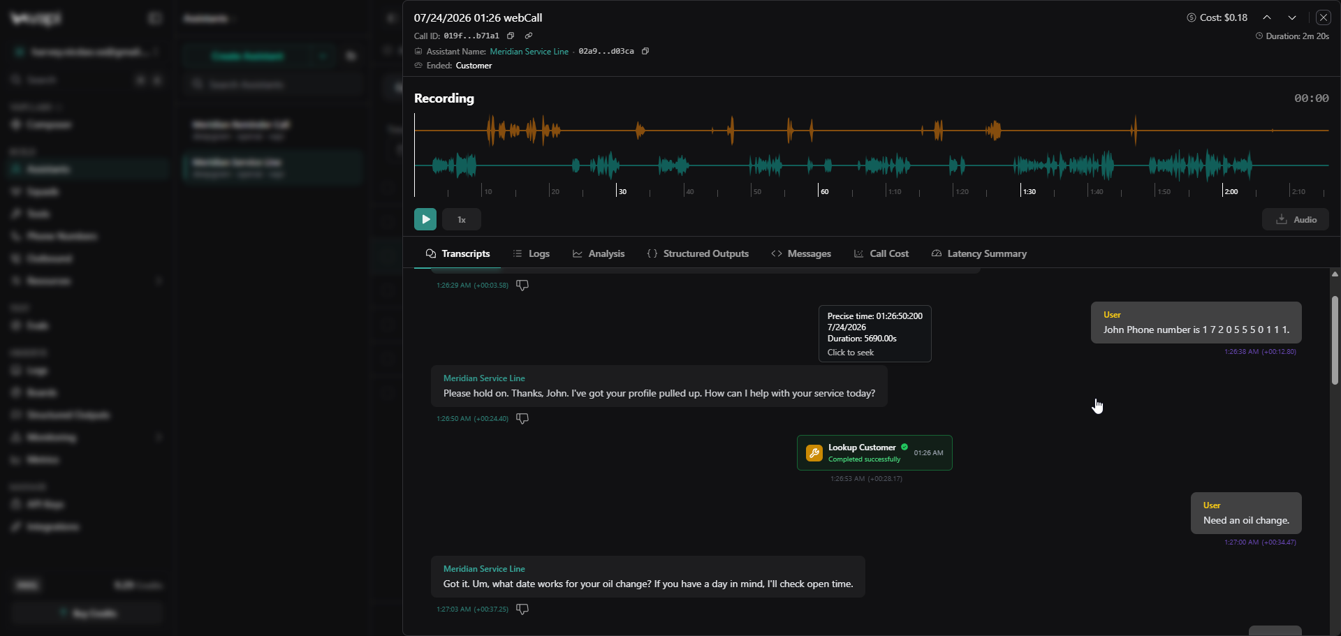 VAPI call transcript showing an inbound service call with a customer lookup tool call